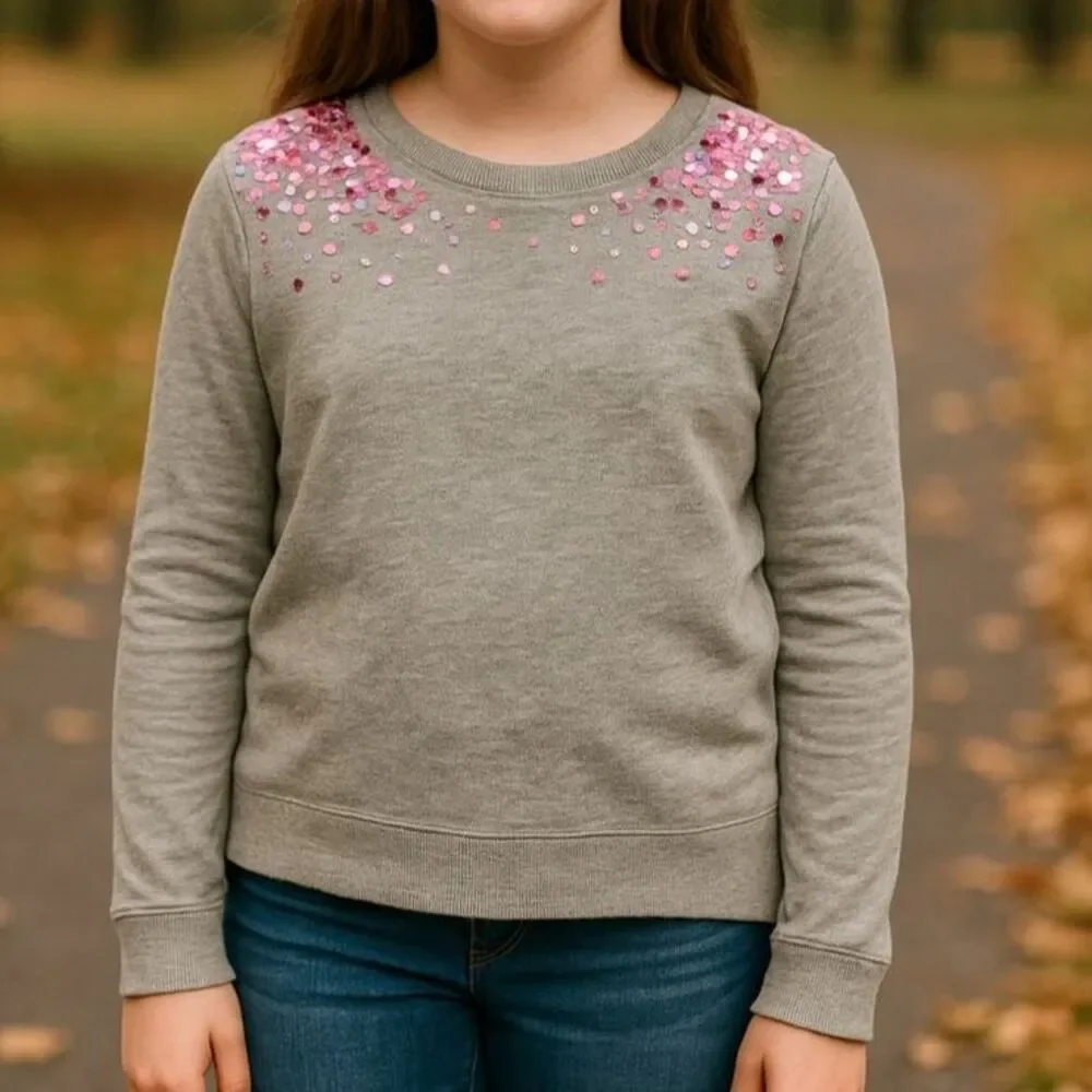 Justice Girls Size 10 Gray Pink Sequin Embellished Crewneck Sweatshirt